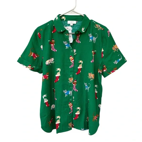 NWT The LOFT Cat Kittens Christmas Pajama Top - Size Medium - Green - Picture 8 of 12